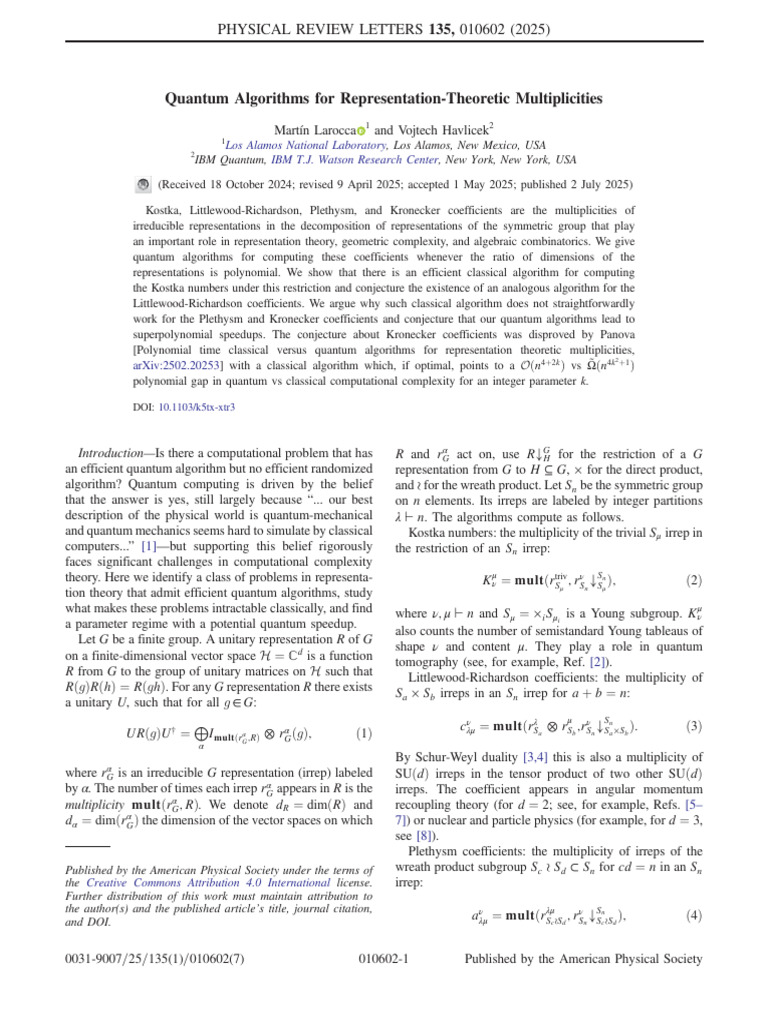 Quantum Algorithms for Representation Coefficients | PDF | Time ...