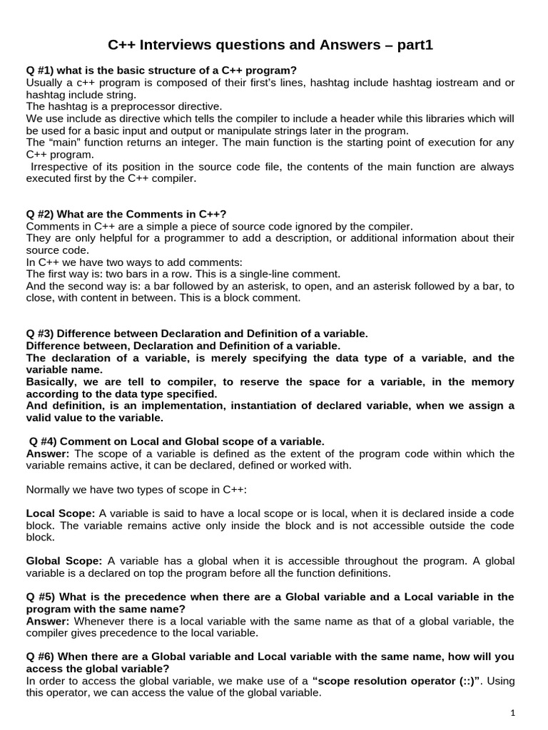 C++ Interview Questions & Answers Part 1 | PDF | Class (Computer ...