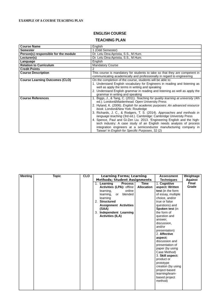 Materi Pertemuan Ke-9 - Example of A Course Teaching Plan | PDF ...
