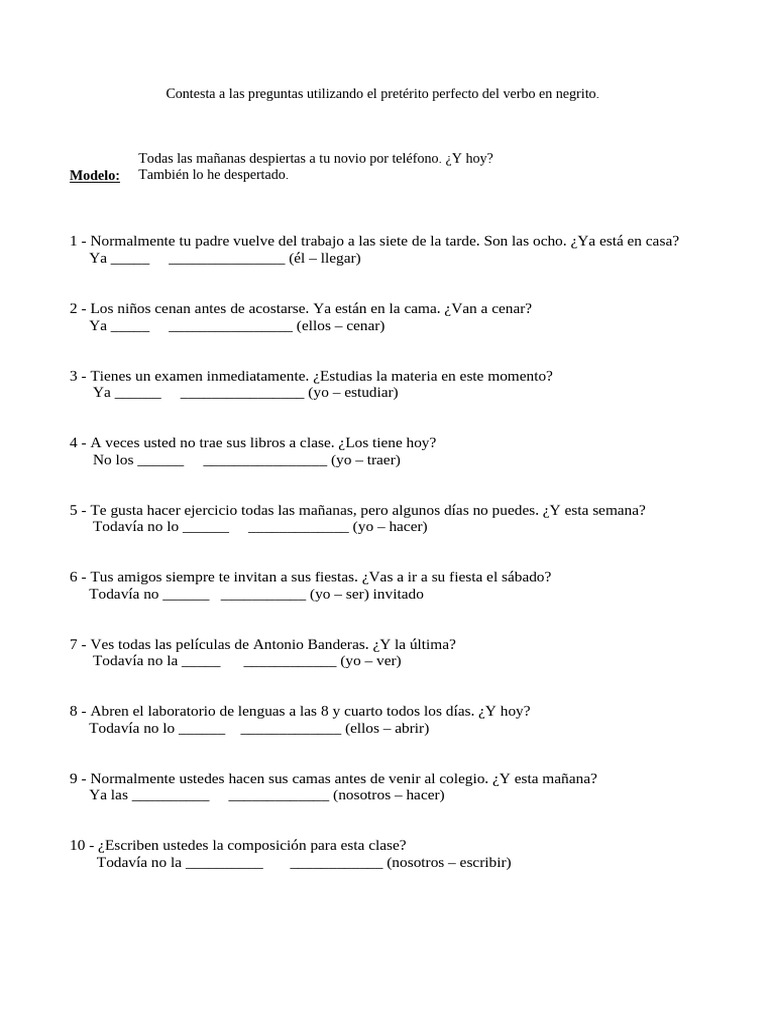 Ejercicios de pretérito perfecto en español | PDF
