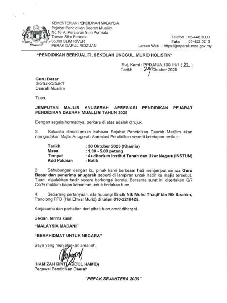 Surat Jemputan Majlis Anugerah Apresiasi Pendidikan PPD Muallim | PDF