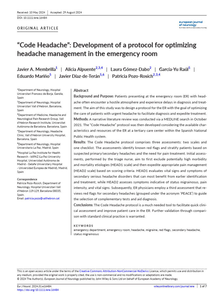 Code Headache: ER Protocol for Headache Management | PDF | Headache ...
