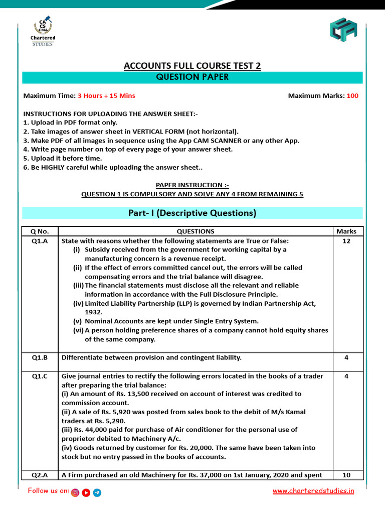 Accounts Full Course Test 2 Paper | PDF | Expense | Business