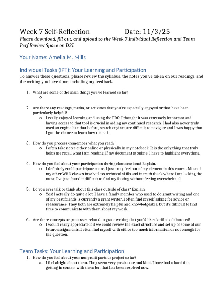 Mills - Week 7 Individual Reflection and Team Perf Review | PDF ...