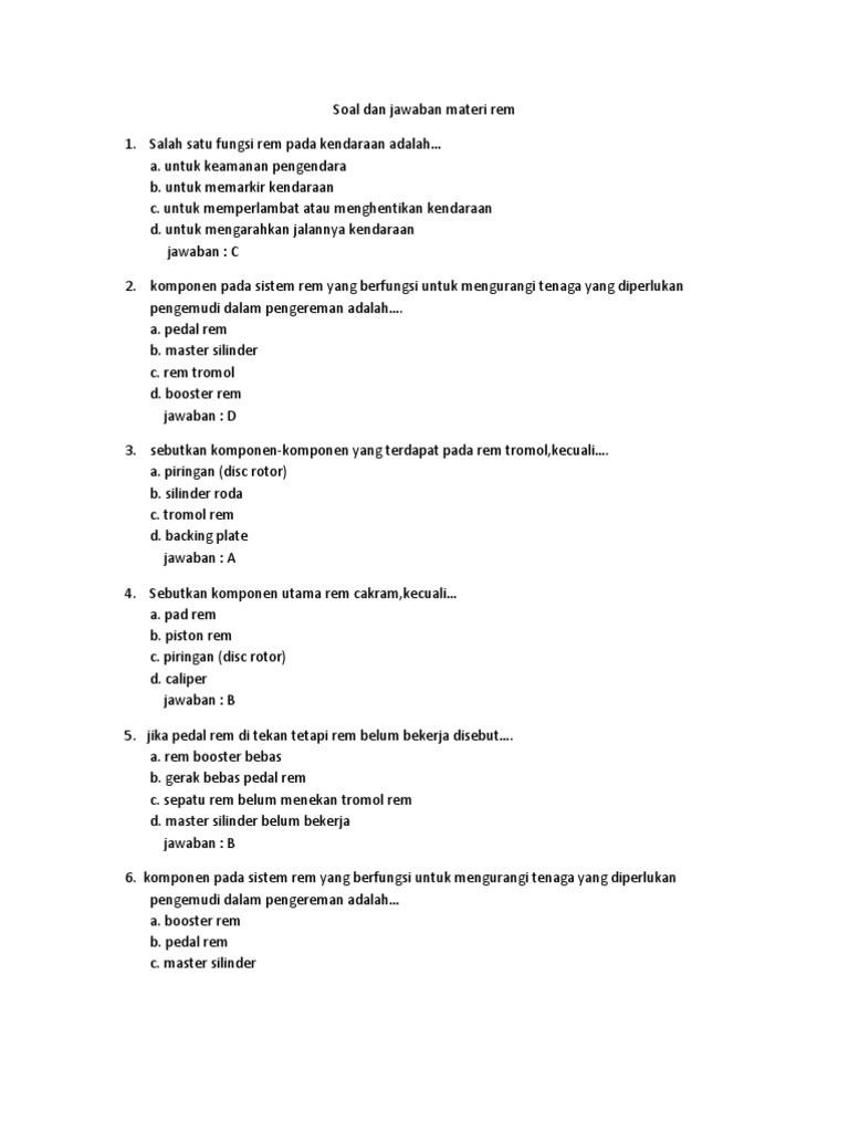 Soal Dan Jawaban Materi Rem
