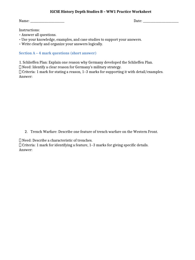 WW1 IGCSE History Practice Worksheet | PDF | Battle Of The Somme ...
