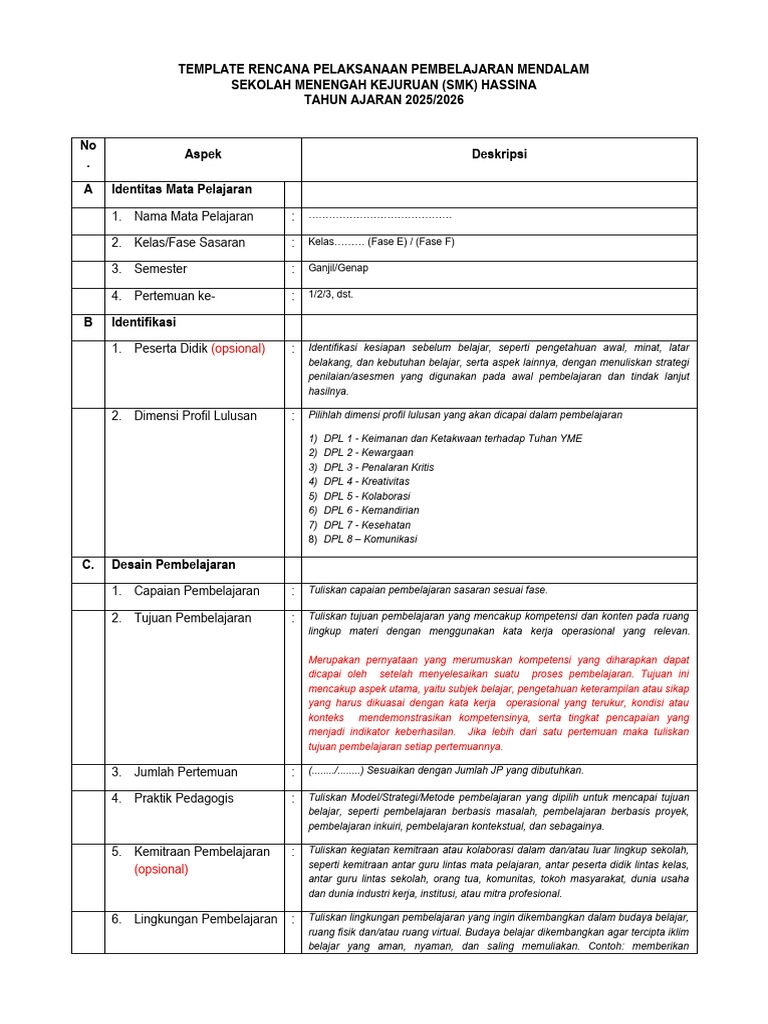 C.2. Format Template - RPP Pembelajaran Mendalam Di SMK Hassina | PDF