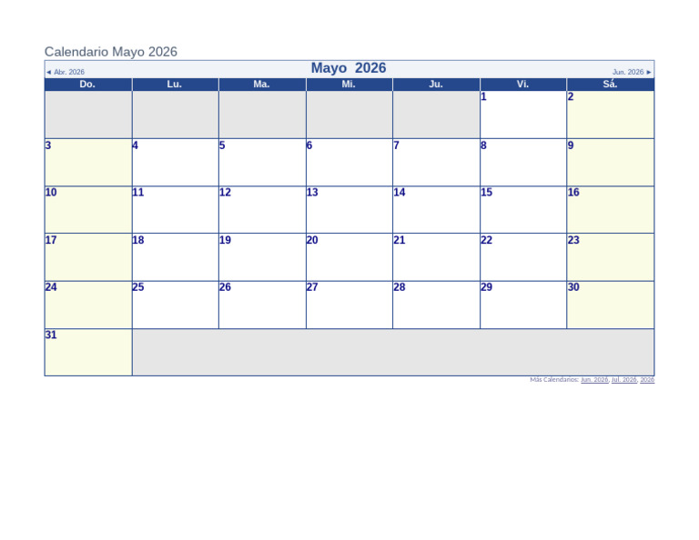 Calendario Mayo 2026 en Blanco | PDF
