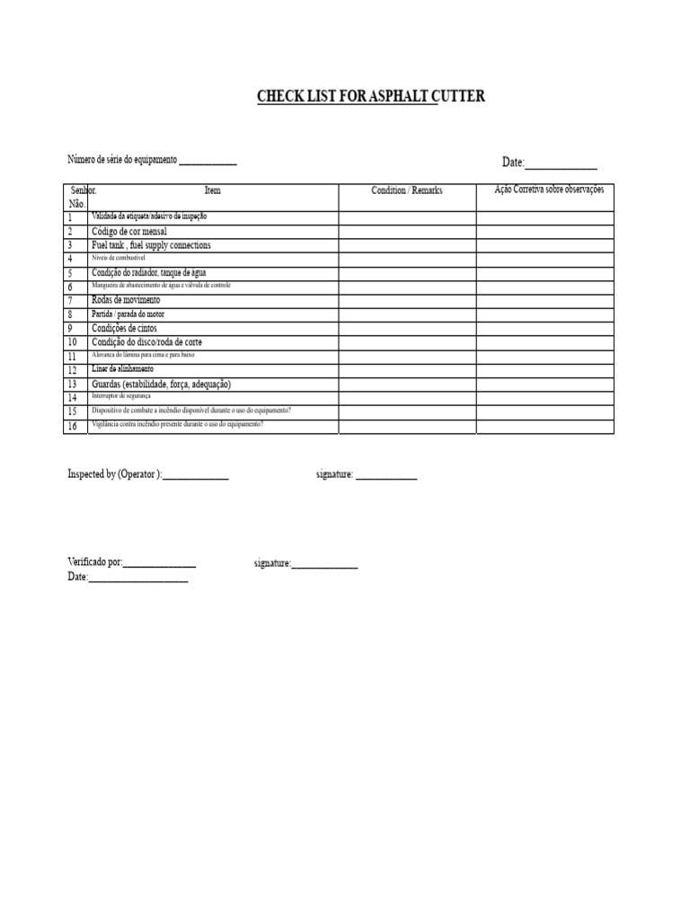 Checklist de Inspeção para Cortador de Asfalto | PDF