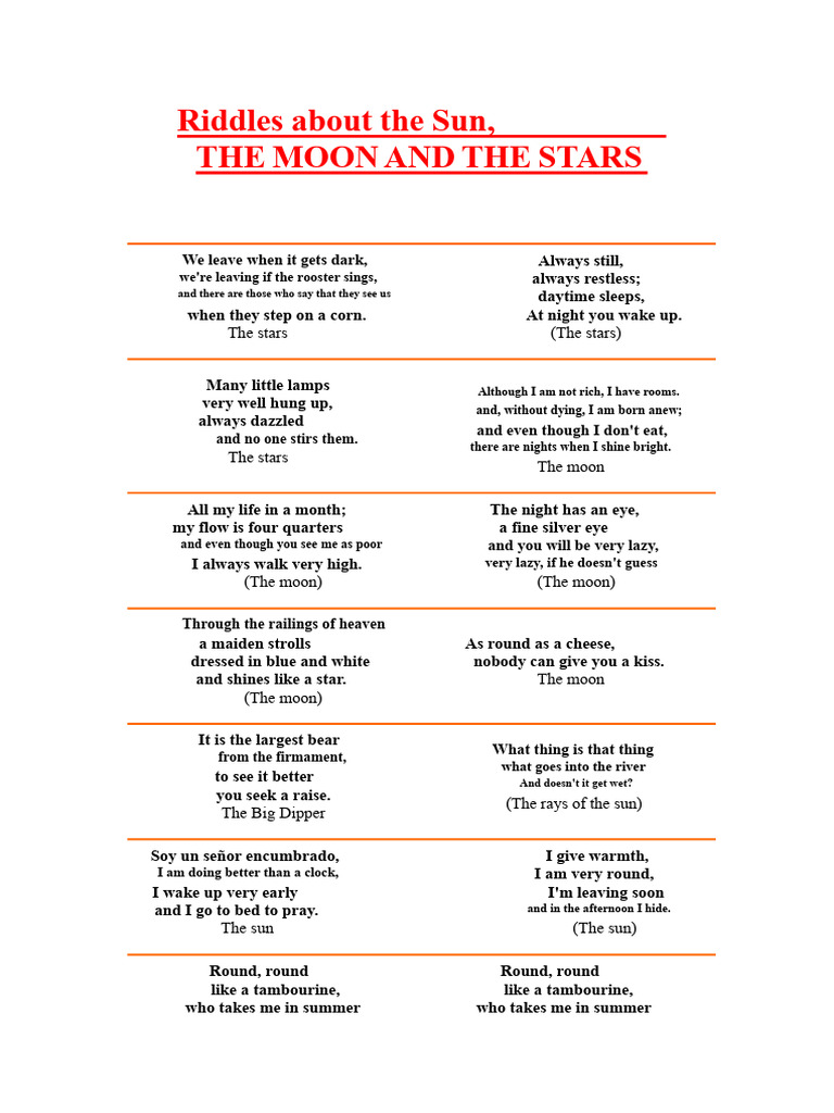 Riddles About the Sun, Moon, and Stars | PDF