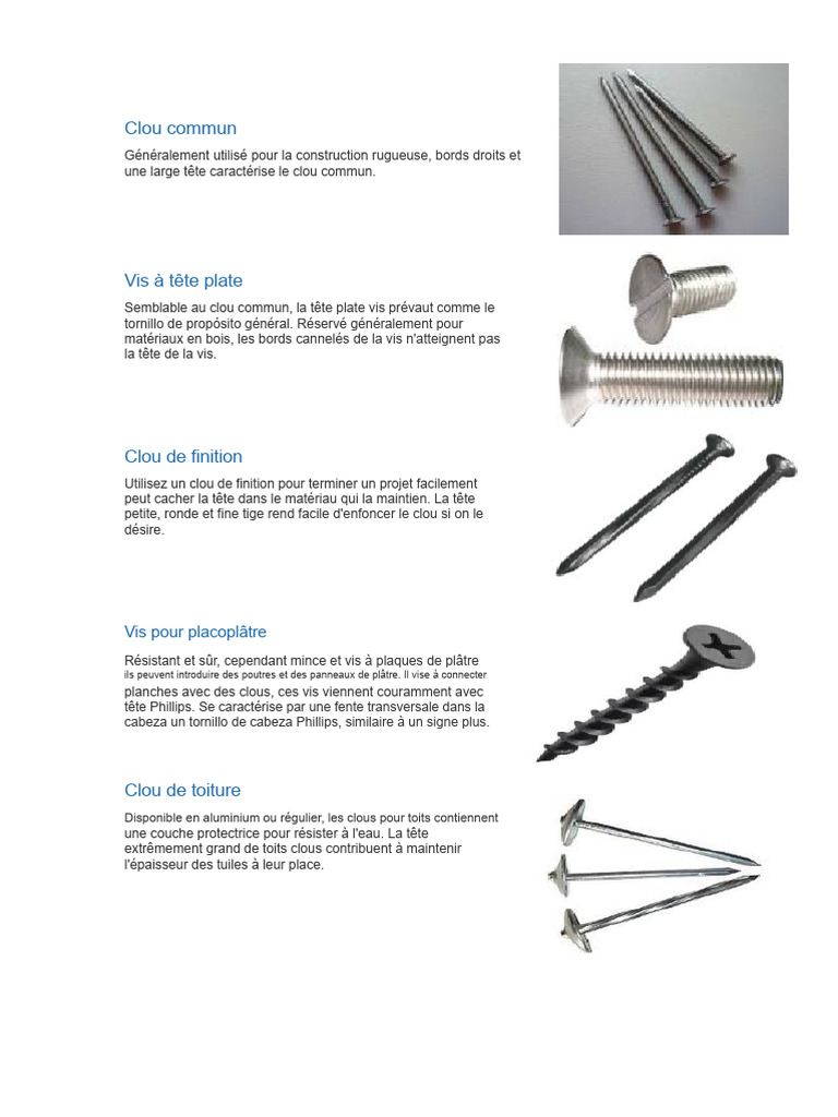 Types de clous et vis pour construction | PDF | Vis de fixation