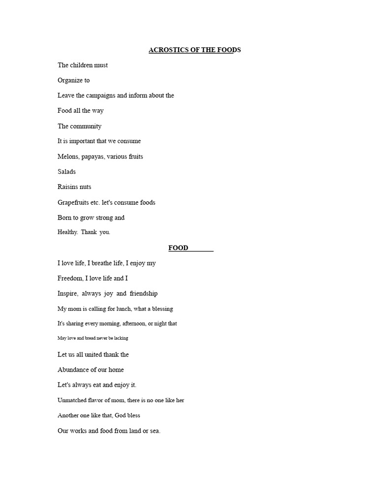 Acrostics The Foods 2013-2014 | PDF