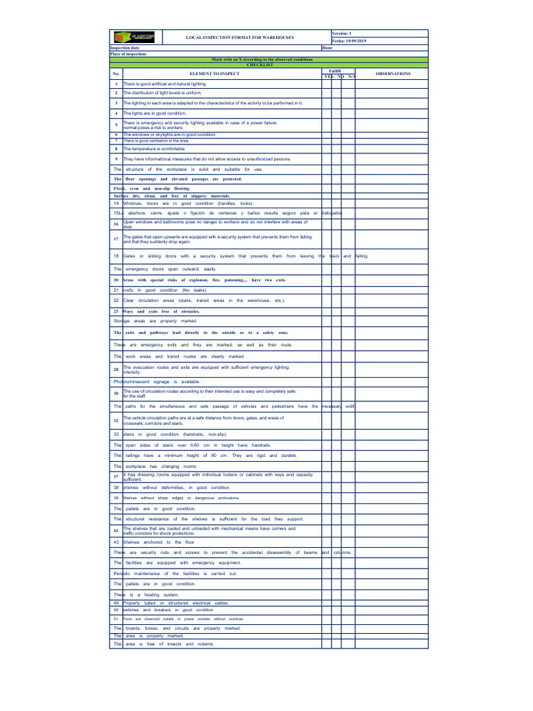 Warehouse Safety Inspection Checklist | PDF | Door | Stairs