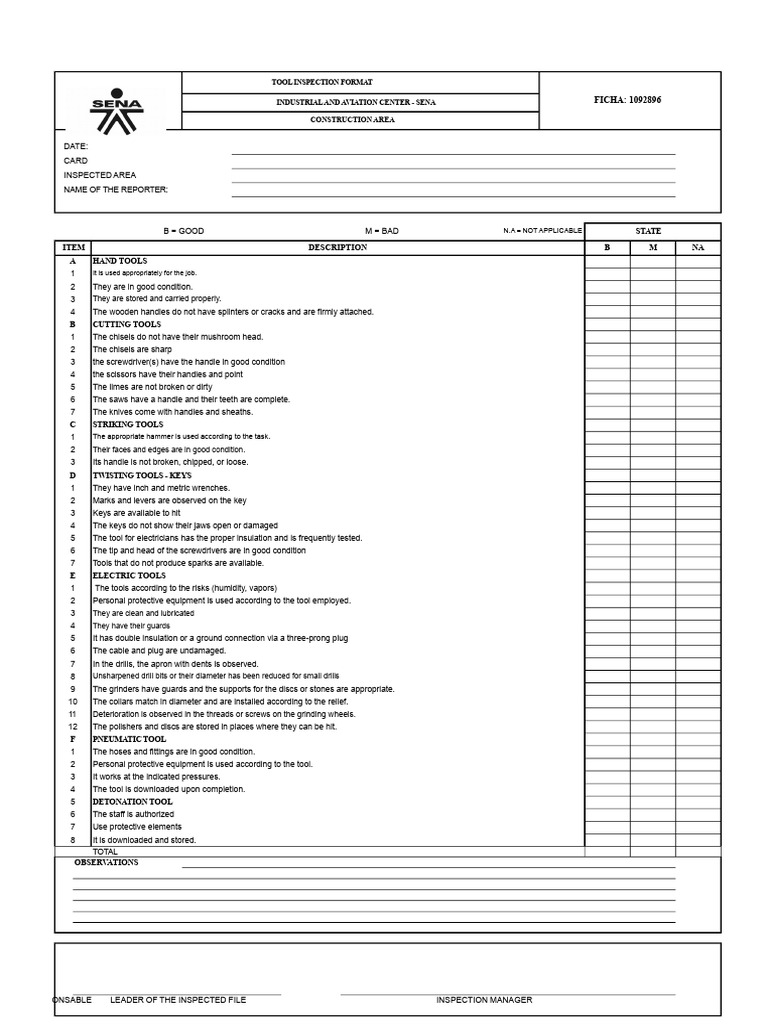 Tool Inspection Checklist for Safety | PDF | Tools | Drill