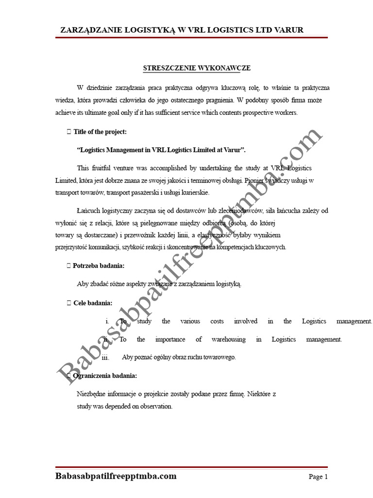 Raport Projektu Na Temat Zarządzania Logistyką W VRL Logistics LTD ...