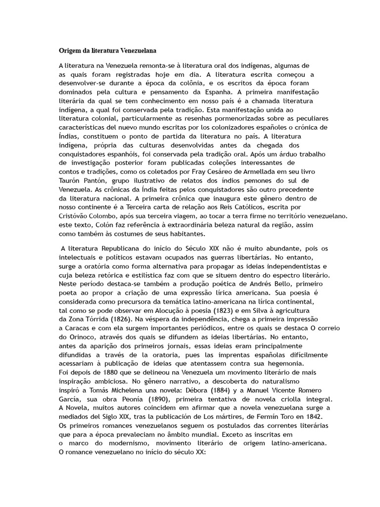 História da Literatura Venezuelana | PDF | Venezuela | Espanha