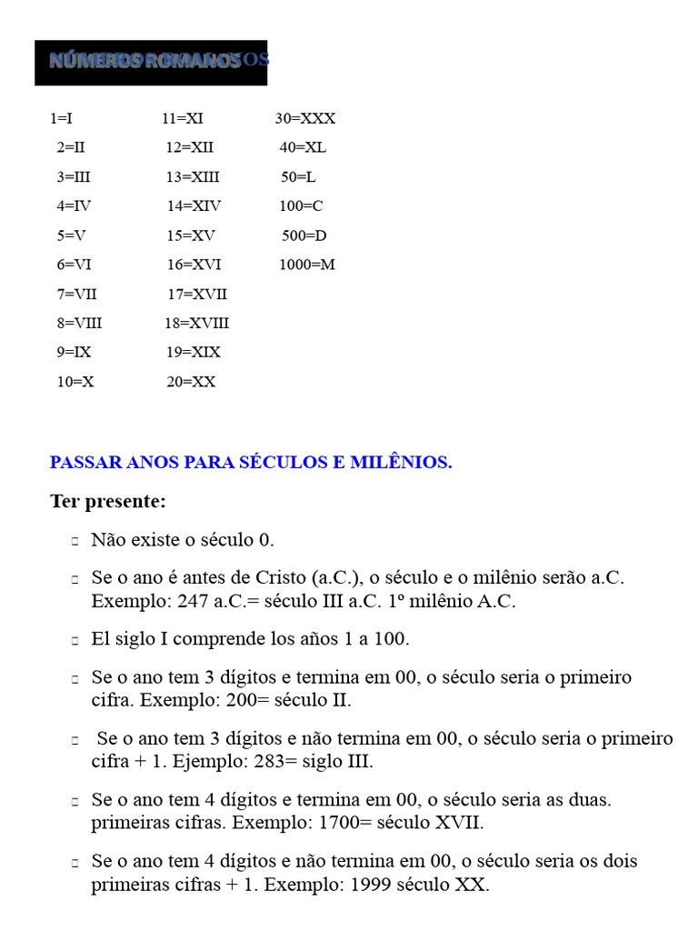Séculos e Milênios em Números Romanos | PDF