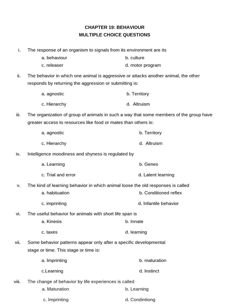Animal Behavior Multiple Choice Questions | PDF | Learning | Ethology