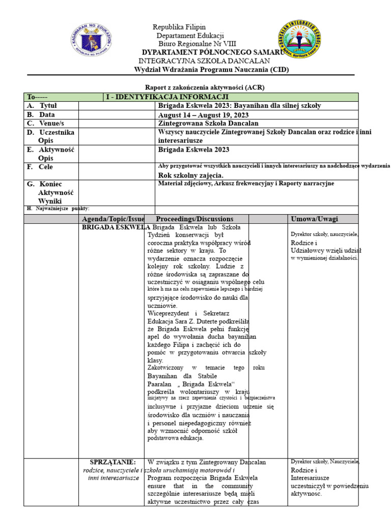 ACR Brigada Eskwela 2023 2024 | PDF
