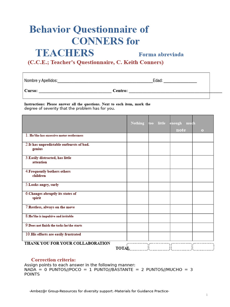 Conners Behavior Questionnaire | PDF | Attention Deficit Hyperactivity ...
