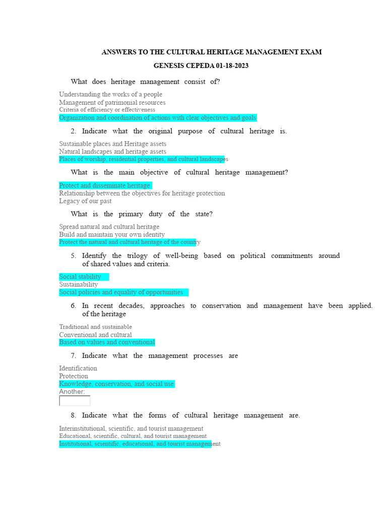 Answers To The Cultural Heritage Management Exam | PDF