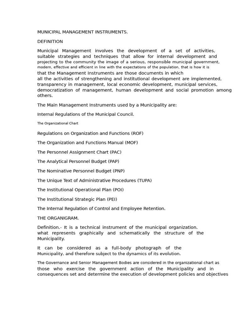 Municipal Management Instruments Overview | PDF | Regulatory Compliance ...