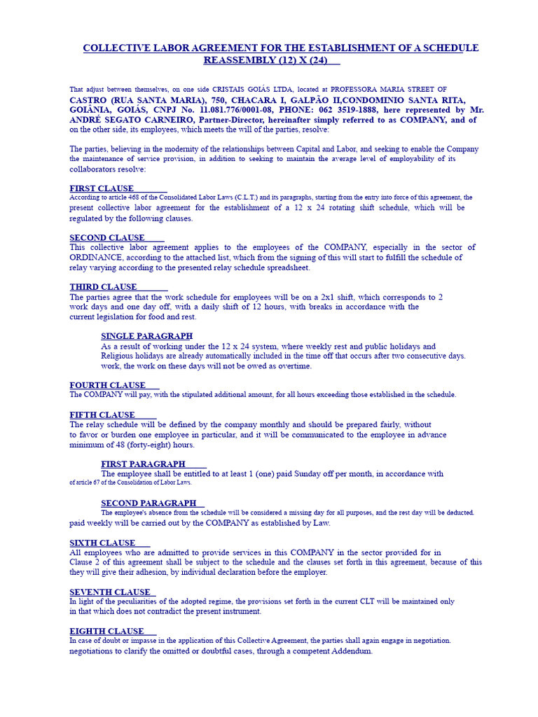 Collective Labor Agreement: 12x24 Schedule | PDF | Employment | Overtime