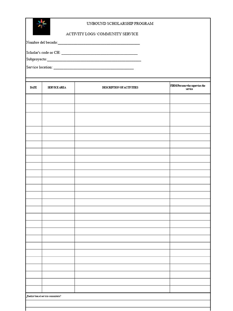 Unbound Scholarship Community Service Log | PDF
