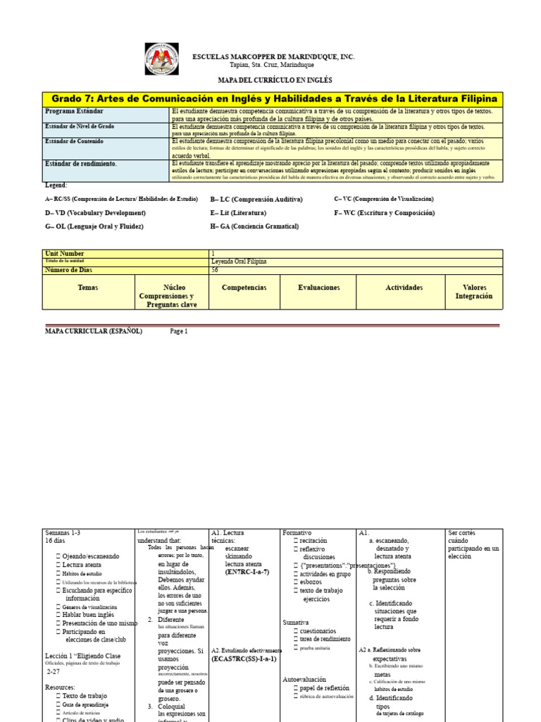Mapa Curricular de Artes en Inglés 7 | PDF | Idioma en Inglés | Plan de ...