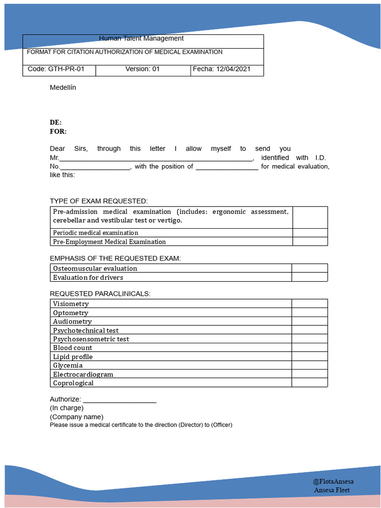 Medical Examination Authorization Form | PDF