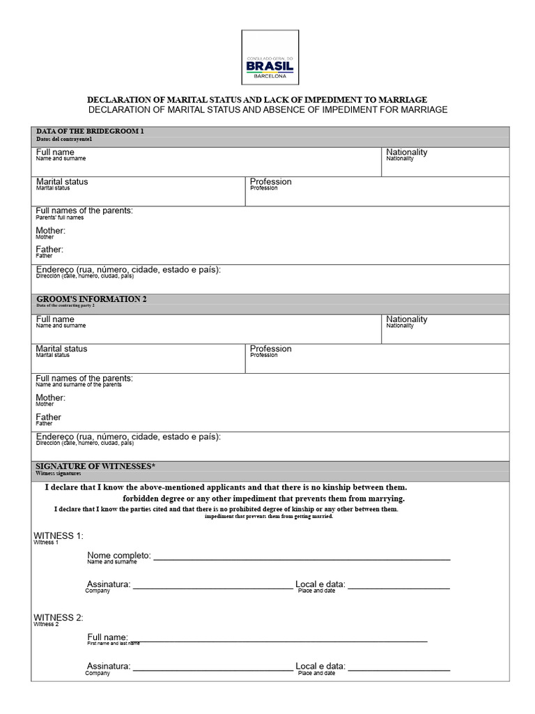 N 021 - Civil Status Declaration Form and Absence of Impediment To ...