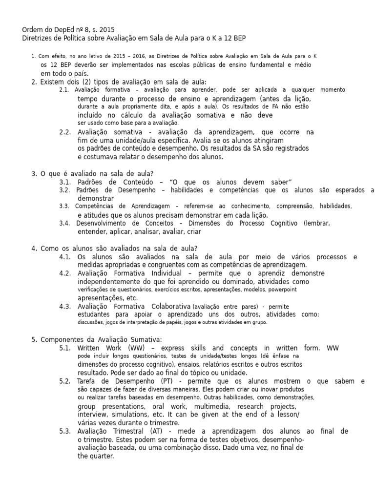 Diretrizes de Avaliação K-12 no DepEd | PDF | Lição | Aprendizado