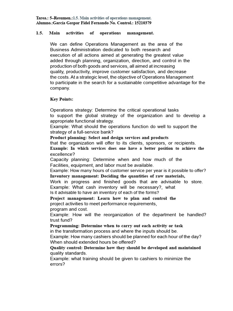 Task 5 - 1.5. Main Activities of Operations Management. | PDF ...