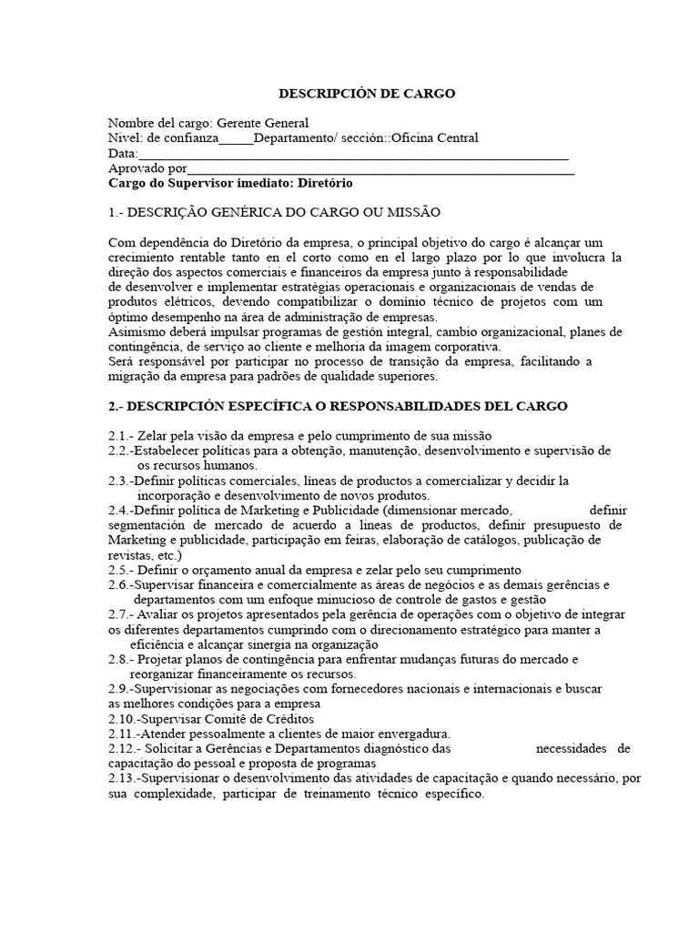 Descrição do Cargo: Gerente Geral | PDF | Gestão de recursos humanos ...