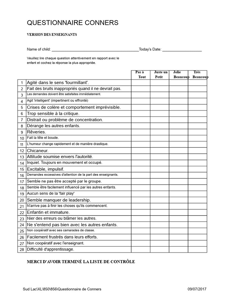 Questionnaire Conners pour Enseignants | PDF