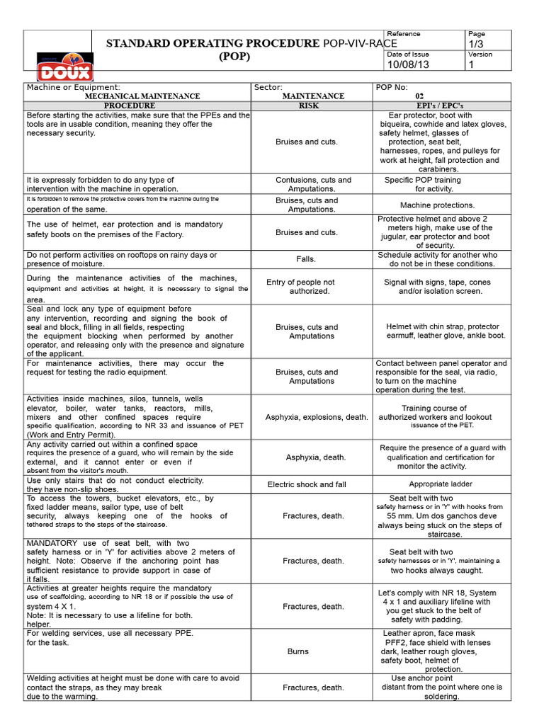Mechanical Maintenance Safety SOP | PDF | Personal Protective Equipment ...
