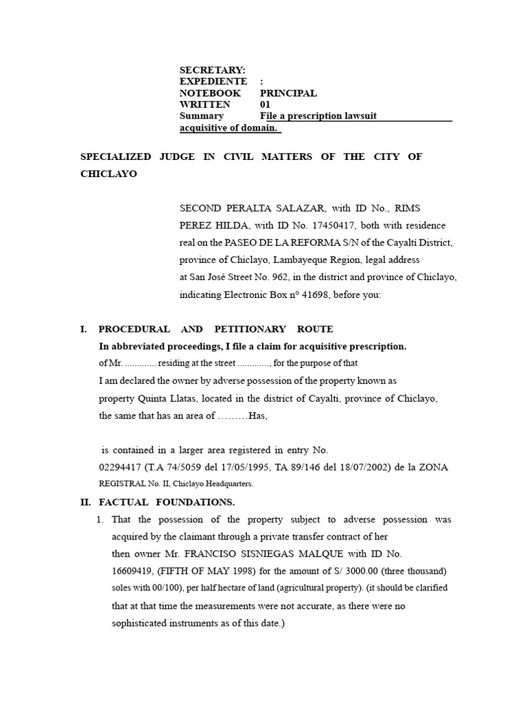 Model of Demand For Acquisitive Prescription | PDF | Complaint | Plaintiff
