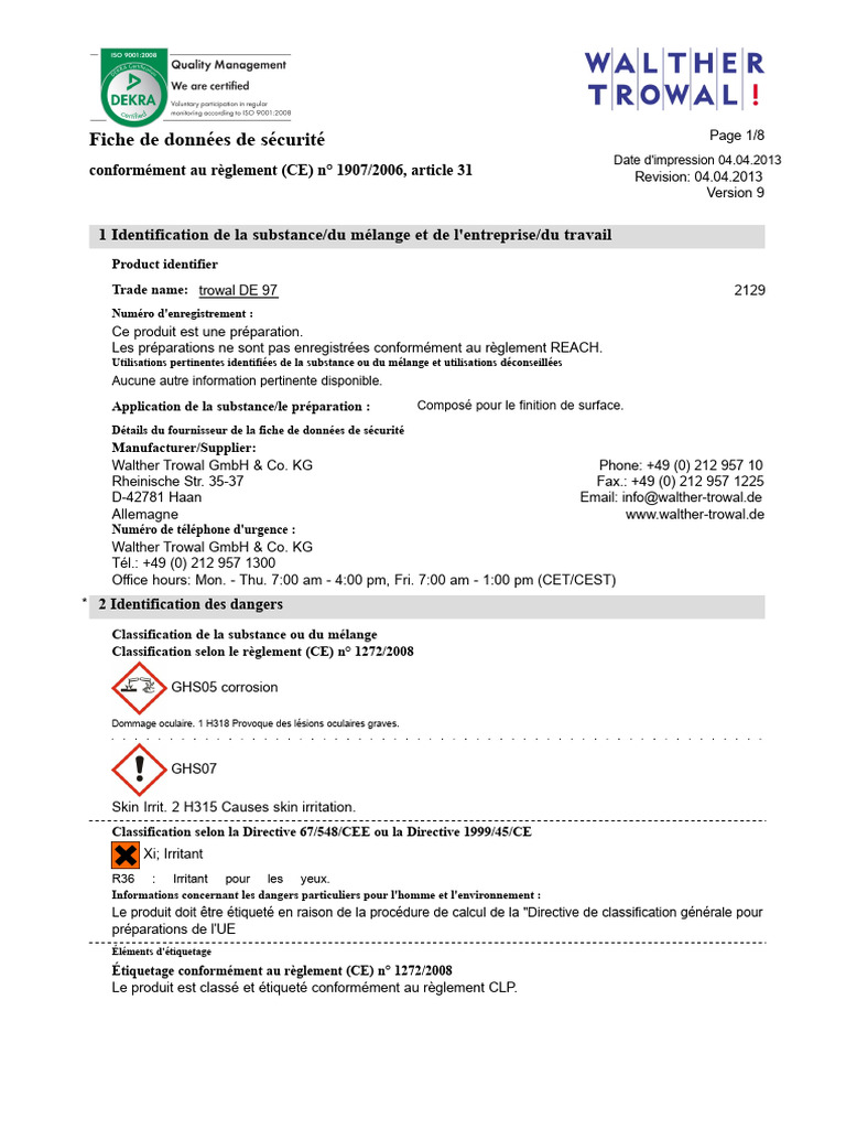 Fiche de sécurité Trowal DE 97 | PDF | Eau | Nourritures