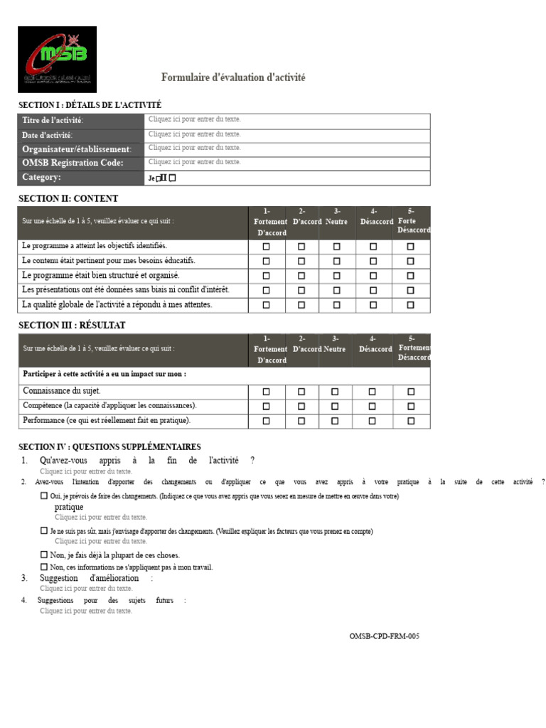 Formulaire d'évaluation d'activité éducative | PDF