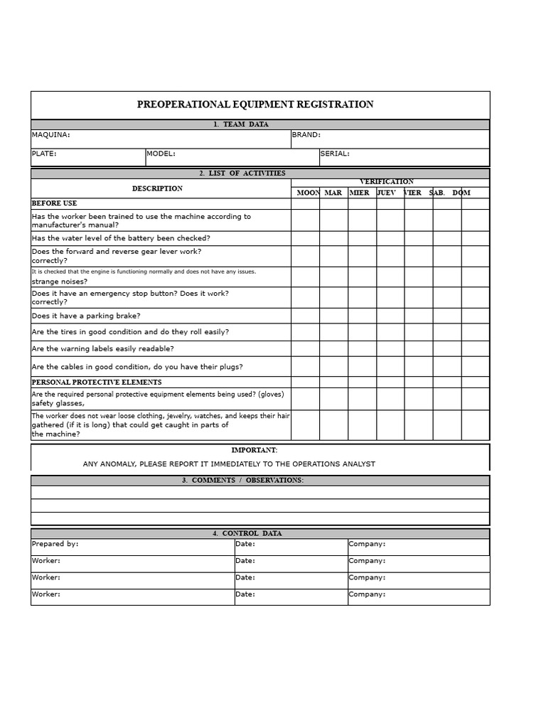 Pre-Operational Inspection Format | PDF