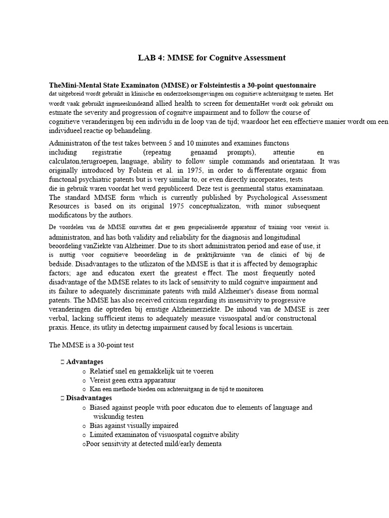 MMSE Cognitive Assessment Overview | PDF | Cognition | Cognitive Science