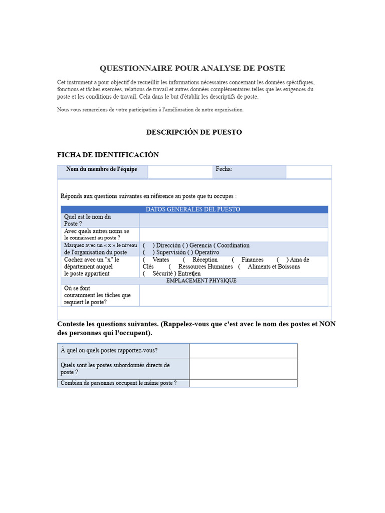 Questionnaire d'Analyse de Poste | PDF | Gestion des ressources humaines