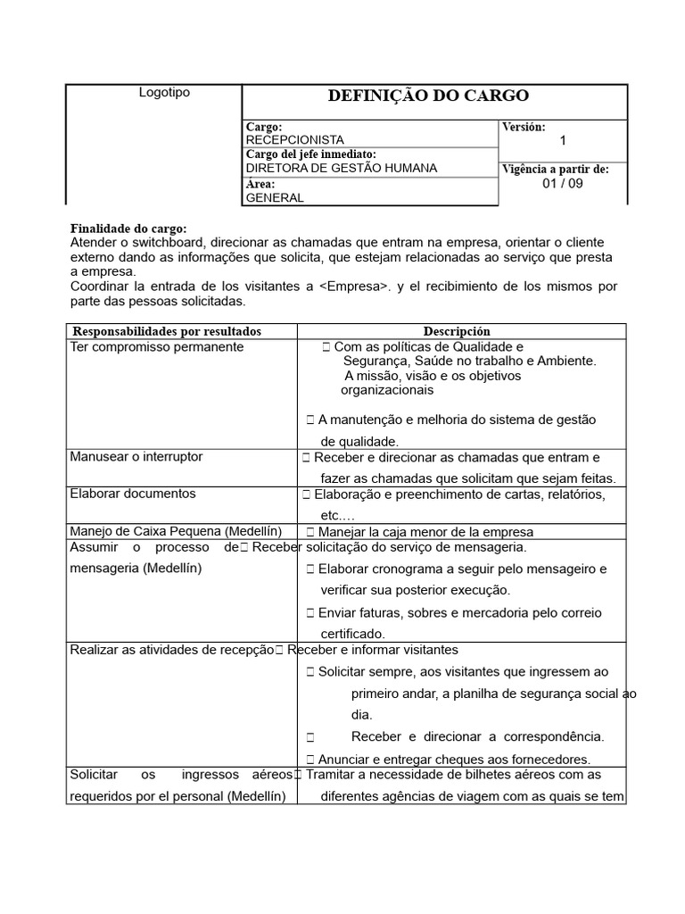 Descrição do Cargo de Recepcionista | PDF | Qualidade (negócios)