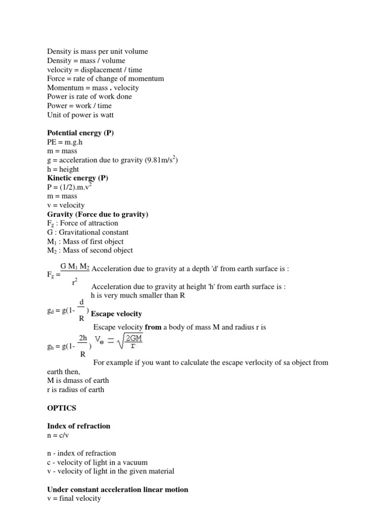 Physics Class 9 Formulas PDF Velocity Force