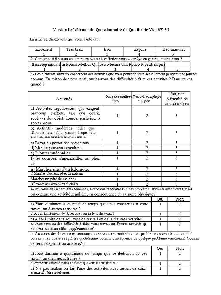 Questionnaire de Qualité de Vie SF-36 | PDF