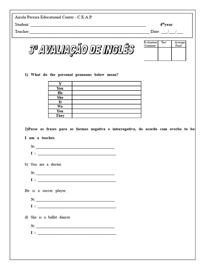 English Test - 4th Grade | PDF