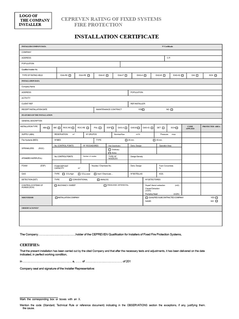 Fire Protection Installation Certificate | PDF