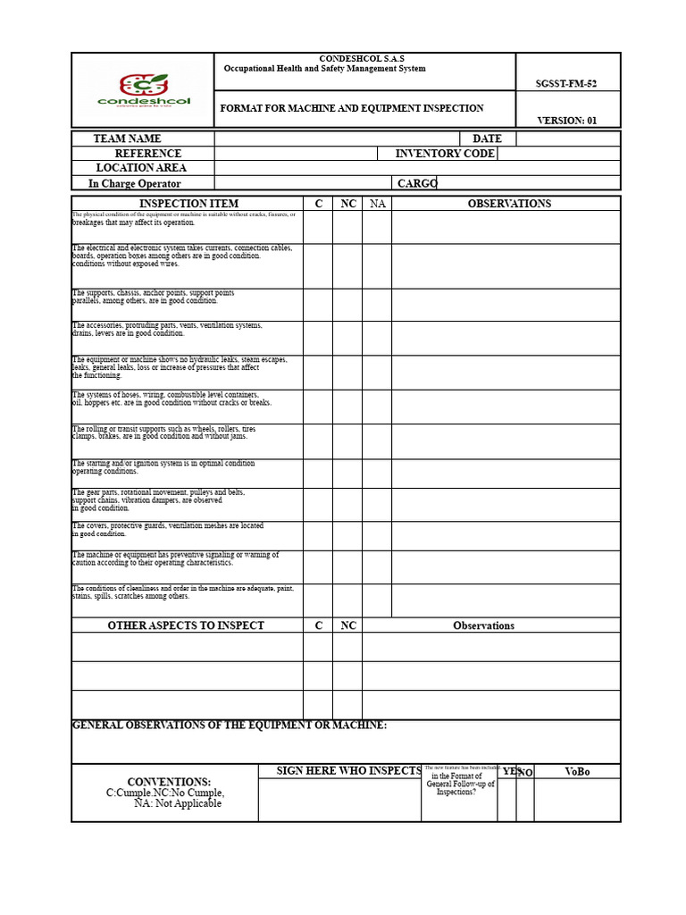 Format For Inspection of Machines and Equipment | PDF | Machines | Gear