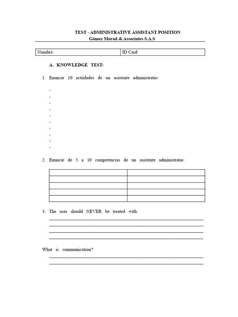 Administrative Assistant Knowledge Test | PDF