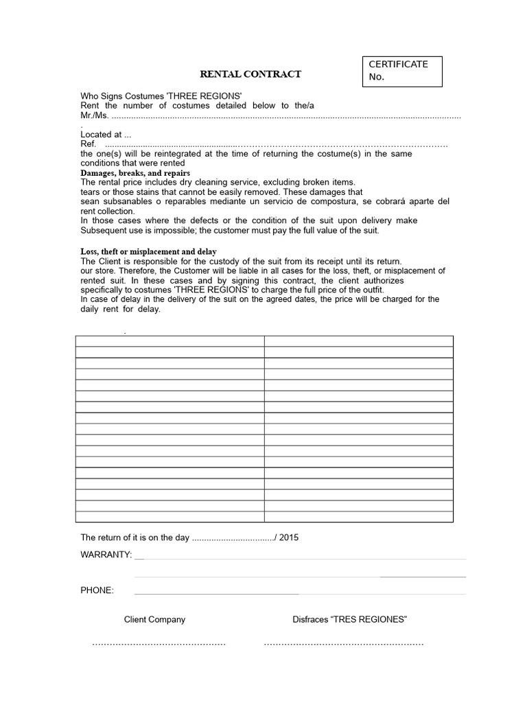 Costume Rental Agreement Template | PDF